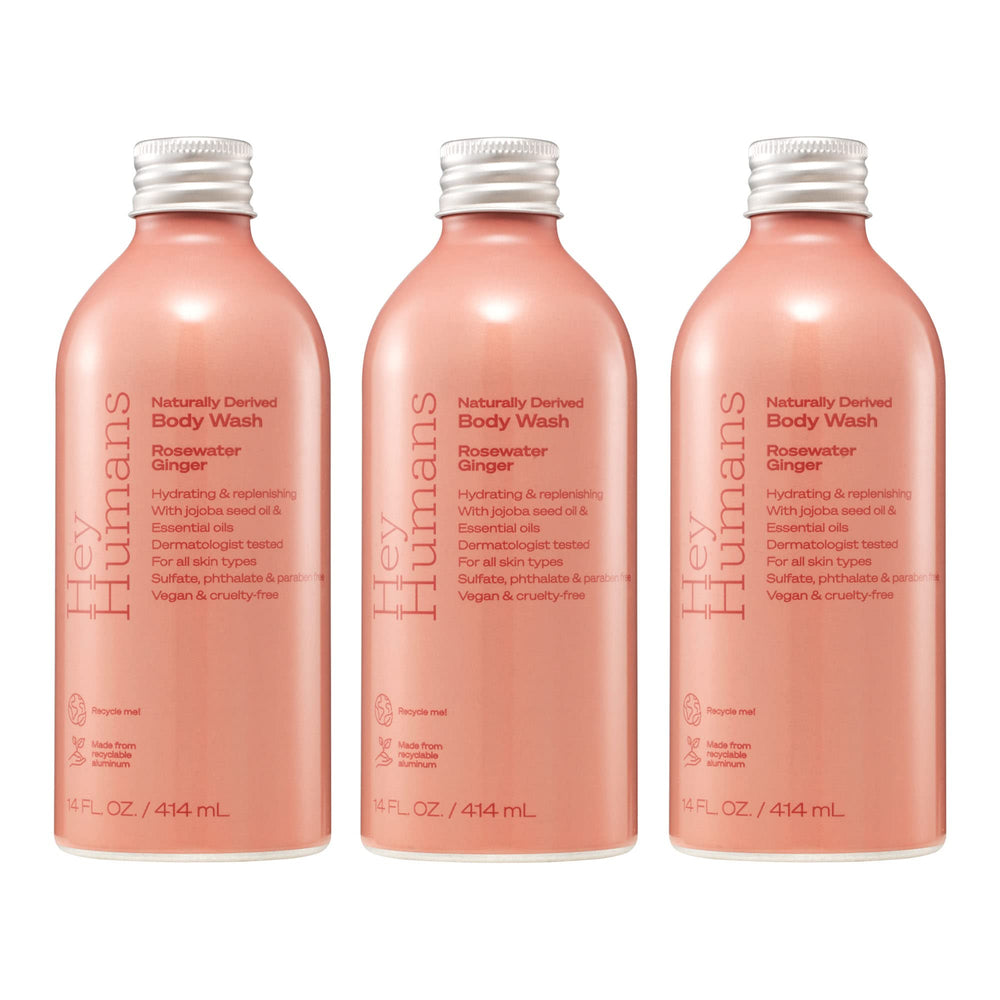 Hey Humans Rosewater Ginger body wash bottle with a clean, vegan formula on display