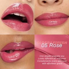 Close-up of HHLTOH Rose Honey Lipstick Tint highlighting hydrating shine on lips.