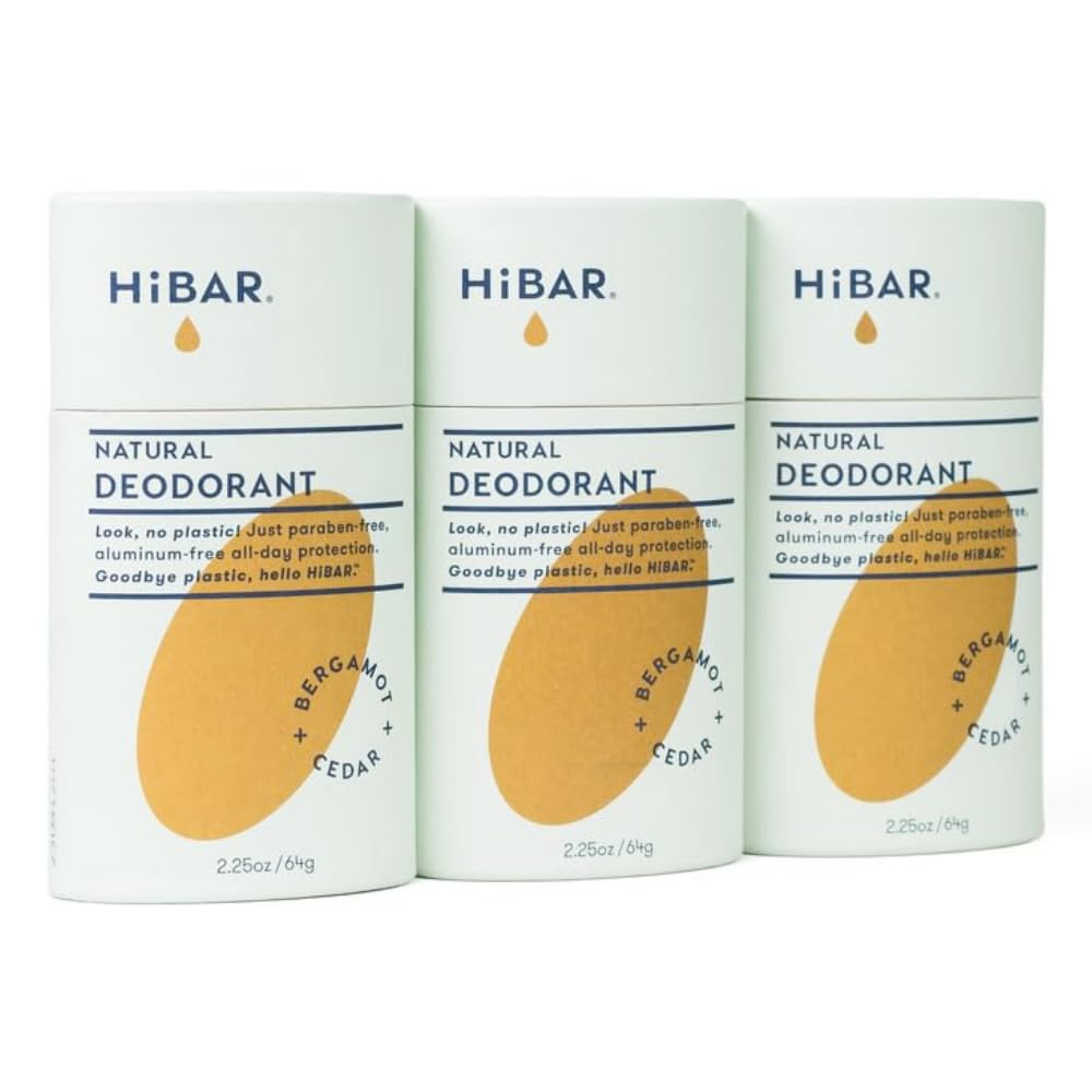 HiBAR Bergamot & Cedar plastic-free deodorant 3-pack in eco-friendly packaging.