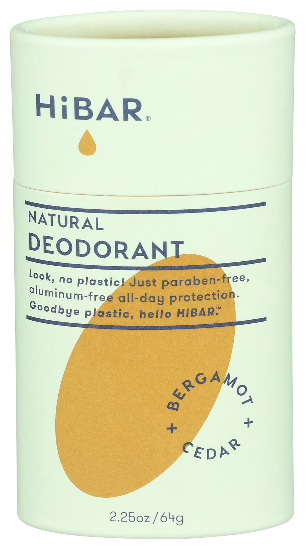 HiBAR Bergamot Cedar deodorant tube in plastic-free packaging for daily use.