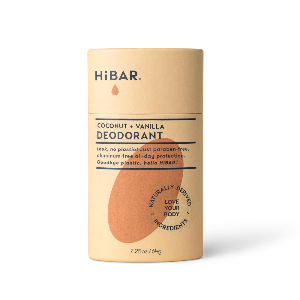 HIBAR coconut-vanilla plastic-free deodorant tube for all-day freshness.