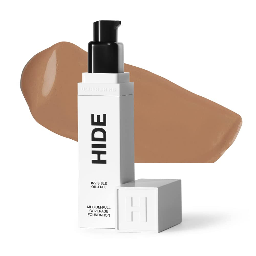 HIDE Premium Liquid Foundation bottle front showing shade Warm Sand and premium finish.