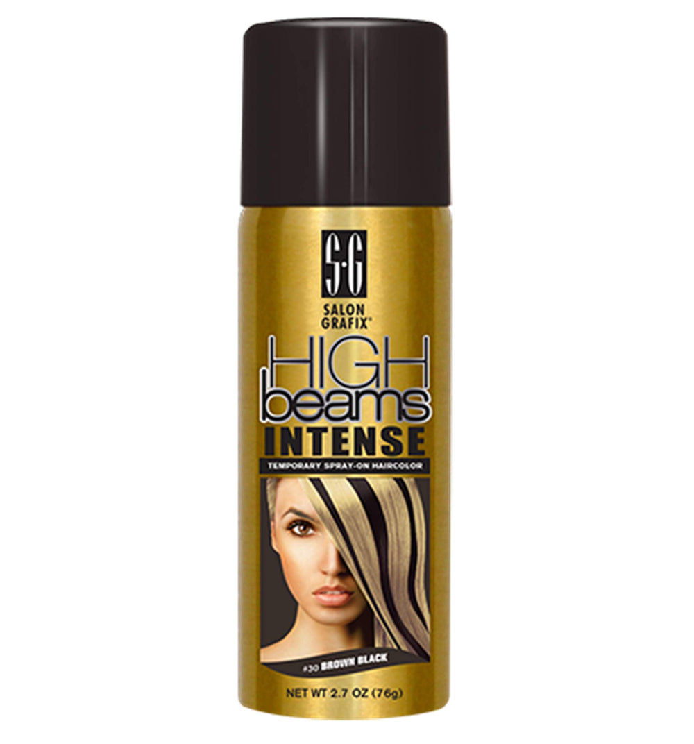 High Beams spray-on hair color in brown-black for quick, natural-looking coverage.