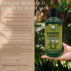 HIGH SUPREME rosemary-aloe-bergamot shampoo bottle on a shower shelf for daily care.