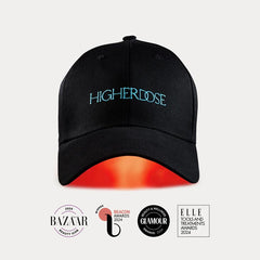 HigherDOSE red light hat on head supports a hands-free daily beauty routine.