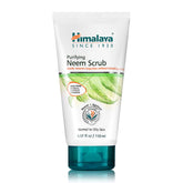 Himalaya Purifying Neem Scrub jar shows creamy formula for deep cleansing.