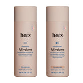 Hims and Hers Full Volume Shampoo bottle shows weightless lift for thicker-looking hair.