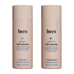 Hims and Hers Full Volume Shampoo bottle shows weightless lift for thicker-looking hair.