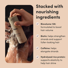 Hims Hers Max Volume Shampoo label closeup shows biotin and caffeine ingredients.