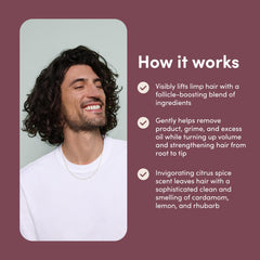Hims Hers Max Volume Shampoo pump in use emphasizes easy daily cleansing.