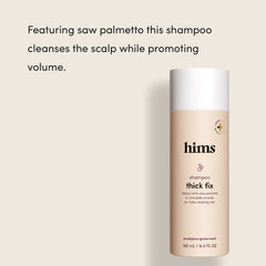 Hims & Hers Thick Fix foam dispenser shown for targeted scalp treatment.