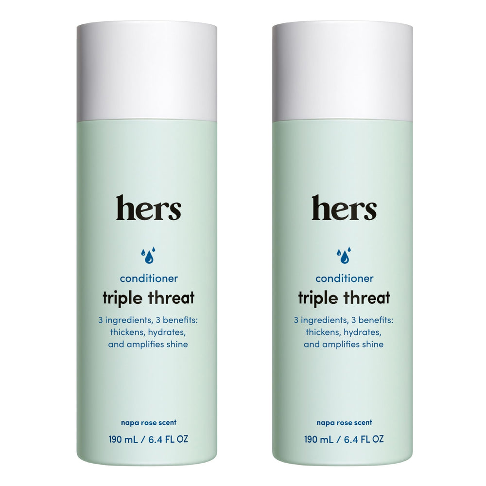 Hims & Hers Triple Threat Conditioner bottle showing moisturizing formula for all hair types