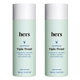 Hims & Hers Triple Threat Conditioner bottle showing moisturizing formula for all hair types