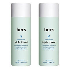 Hims & Hers Triple Threat Conditioner bottle showing moisturizing formula for all hair types