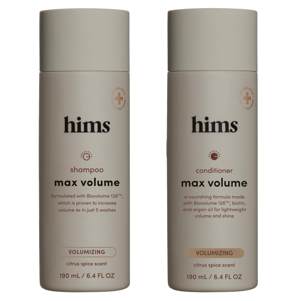 Hims Max Volume shampoo bottle with lightweight formula for fuller hair.