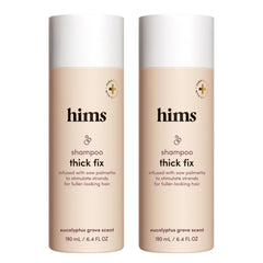 Hims Thick Fix Shampoo bottle with saw palmetto may support fuller-looking hair.