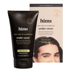 hims Under Cover Rich Black bottle close-up showing color and moisture