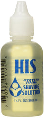 HIS Total Shaving Solution bottle close-up shows soothing oil for a smoother shave.