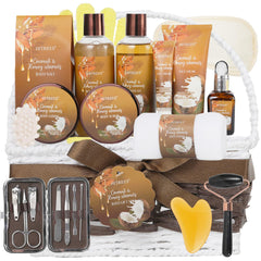 Hitrees coconut and honey almond spa gift basket showing full home pampering set
