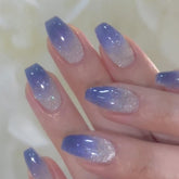Hkanlre blue gradient bling coffin nails for stylish daily wear