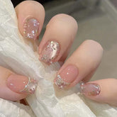 Hkanlre Flower Pearl French press-on nails with a elegant full-cover square finish