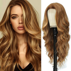 HMHIFI long brown mixed blonde wig with waves for daily wear and style versatility.