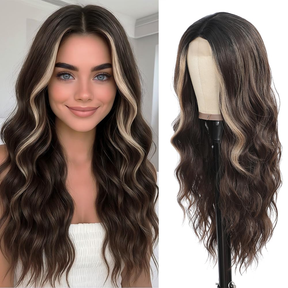 HMHIFI long brown wig 26 inch, silky wavy texture for daily wear