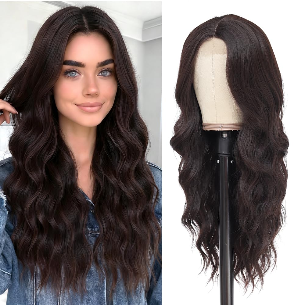 HMHIFI 26-inch long dark brown wig front view for daily styling.