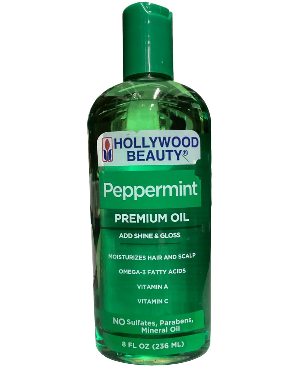 Hollywood Beauty Peppermint Hair Oil 8oz bottle for scalp conditioning and hydration.