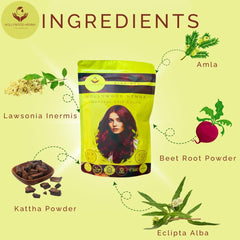 Hollywood Henna wine-red paste resting on hair during 40 60 minutes.