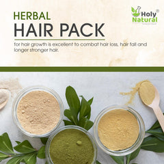 Holy Natural Herbal Hair Pack ingredients in a bowl showcase botanical blend for scalp nourishment.