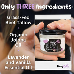 HolyCow grass-fed tallow close-up with organic jojoba oil for moisturized skin.