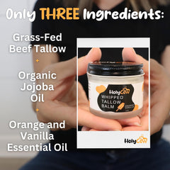 Closeup of HolyCow tallow moisturizer jar, nourished, non-greasy feel