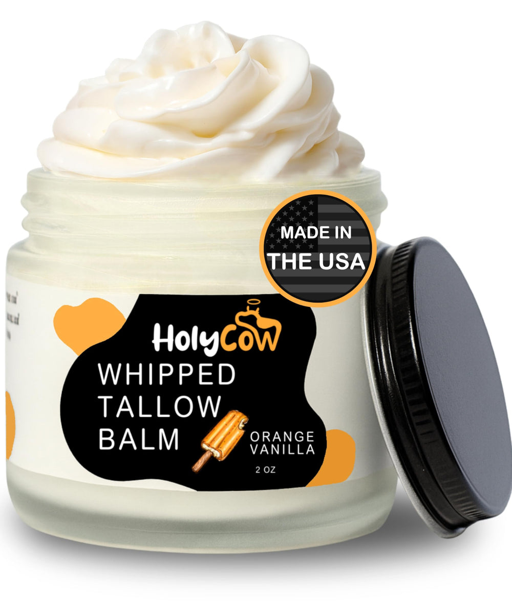 HolyCow tallow whipped balm orange vanilla jar shows deep hydration for dry skin