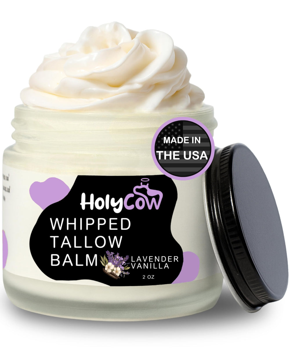 HolyCow whipped tallow balm jar showing rich texture for deep hydration.