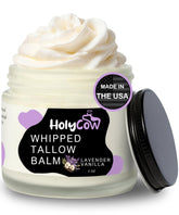 HolyCow whipped tallow balm jar showing rich texture for deep hydration.