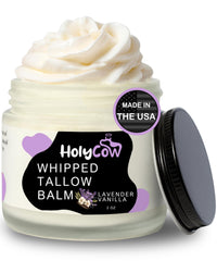 HolyCow whipped tallow balm jar showing rich texture for deep hydration.