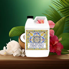 Home and Body Company Perugia Deruta label bottles highlight elegant decor and easy refills
