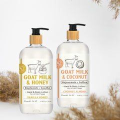 Duo bottle packaging showcases the Goats Milk Lotion duo for home or travel