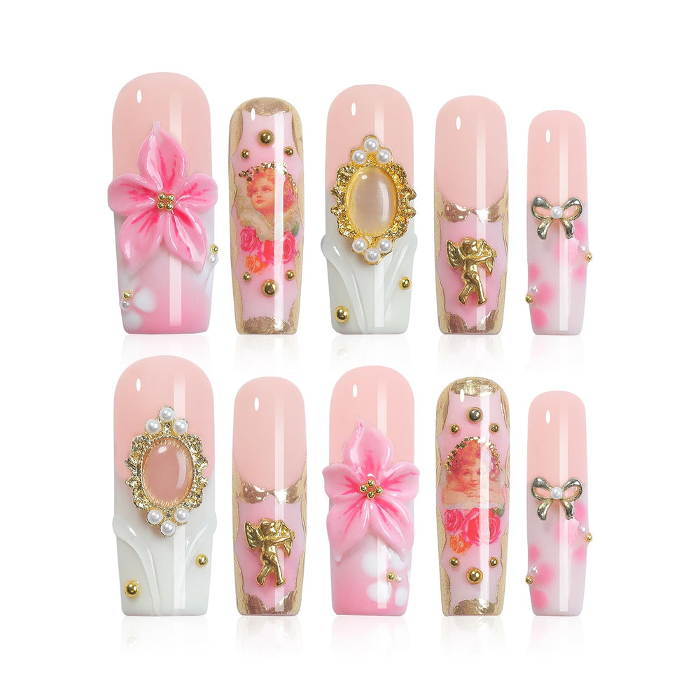 Homsera Elegant Press-On Nails with 3D pink rose design for salon-like at-home manicure.