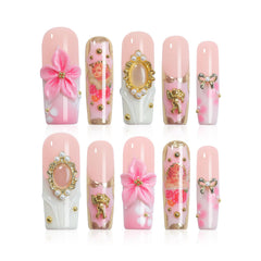 Homsera Elegant Press-On Nails with 3D pink rose design for salon-like at-home manicure.