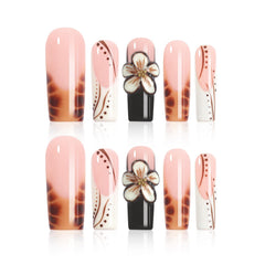Homsera Ethereal Blossom square nails with watercolor marble base and 3D floral embellishment, front view for at-home manicure