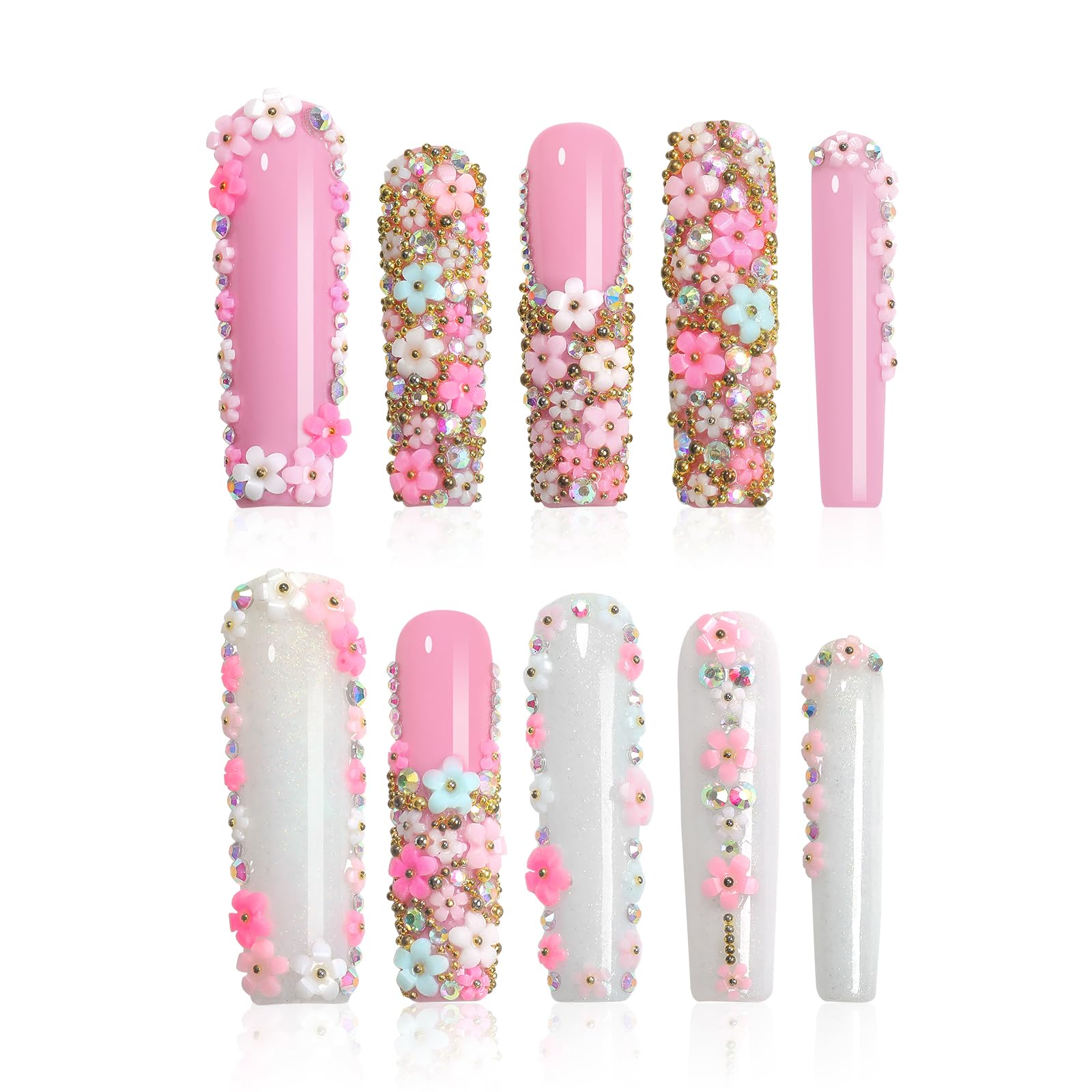 Homsera handmade press-on nails with rhinestone and pink floral coffin design for chic events