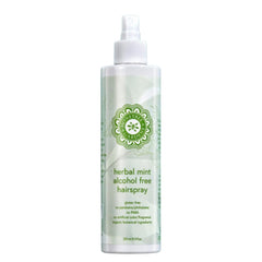 Honeybee Gardens hair spray bottle front, alcohol-free formula and minty scent.