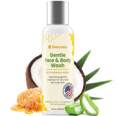 Honeyskin Face and Body Wash bottle pour demonstrates easy, hydrating cleanse for dry or sensitive skin.