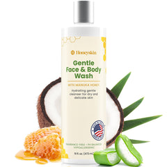 Honeyskin Face & Body Wash bottle on a bathroom shelf for daily gentle cleansing.