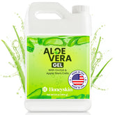 Honeyskin Organic Aloe Vera Gel bottle showing sunburn relief and cooling action.