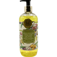 Hopificio Italian Olives hand soap bottle front highlighting refined scent for daily cleansing.