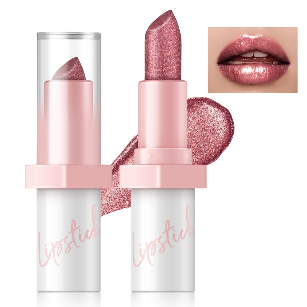 HOSAILY metallic glitter rose red lipstick close-up highlighting diamond shimmer.