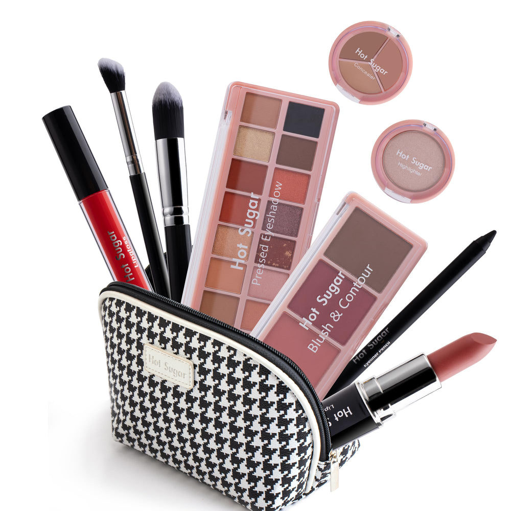 Hot Sugar all-in-one makeup kit in a chic houndstooth bag for on-the-go beauty
